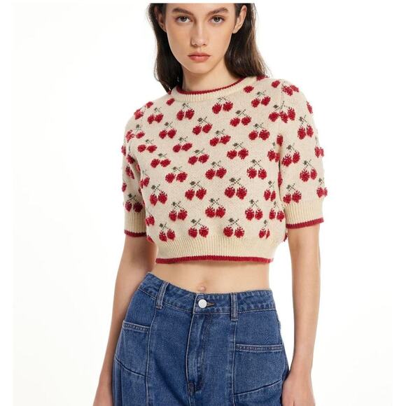 Cider Strawberry Knit Crop Sweater Short Sleeve Cream Red Y2K Cottagecore XL - Picture 5 of 8